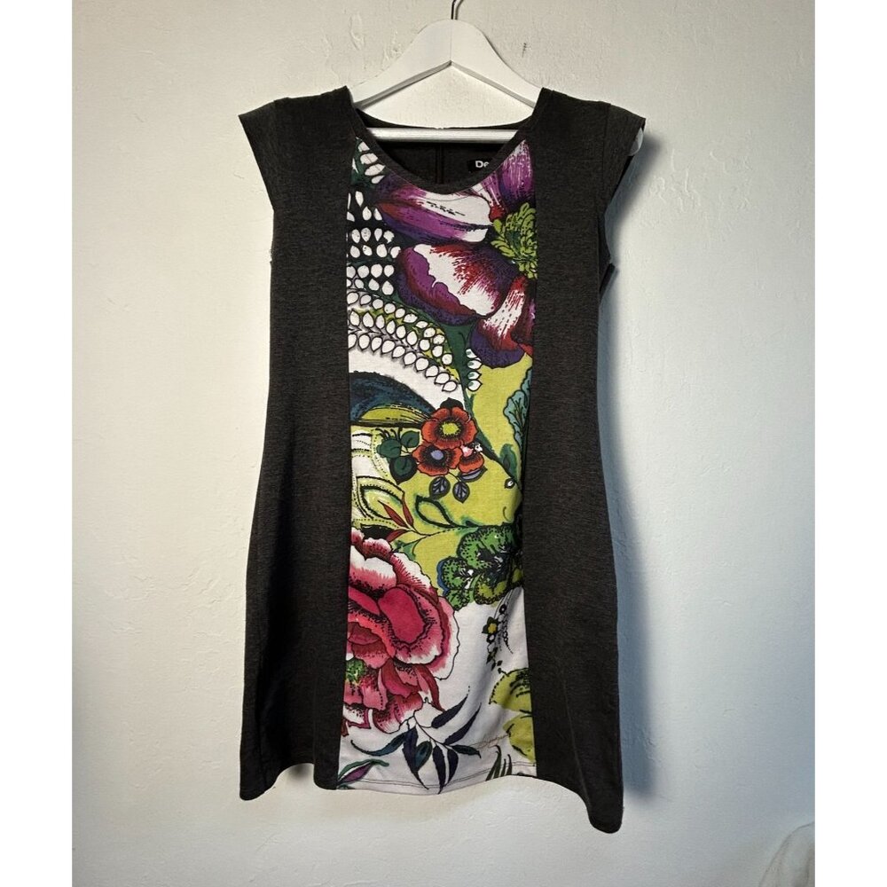 Desigual Women Gray Floral Print Knit Mini Shift Dress Large Cap Sleeve Back Zip